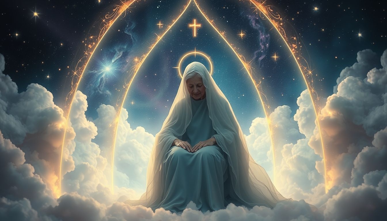 Een overgrootmoeder in de kerk symboliseert spirituele bescherming en wijsheid.