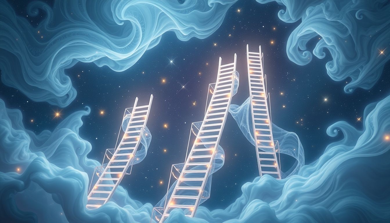 Meerdere kippenladders symboliseren keuzes en verschillende levenspaden.