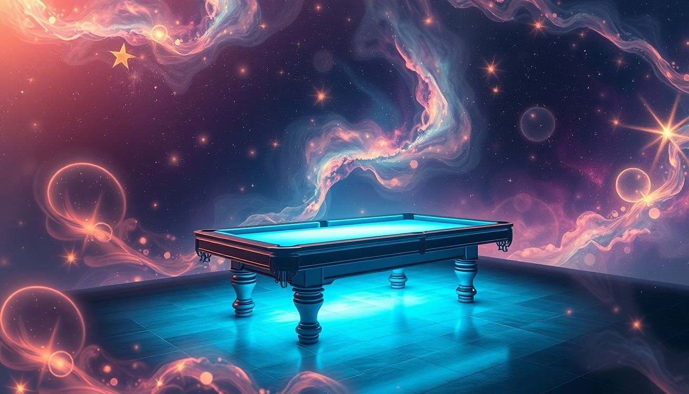 Een zwevende biljarttafel symboliseert nieuwe perspectieven en vrijheid.