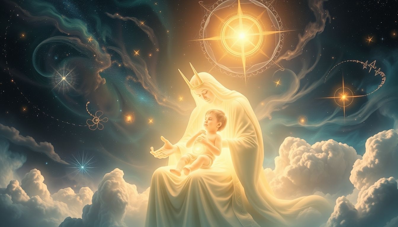 Een profeet met een kind symboliseert hoop en nieuw begin.