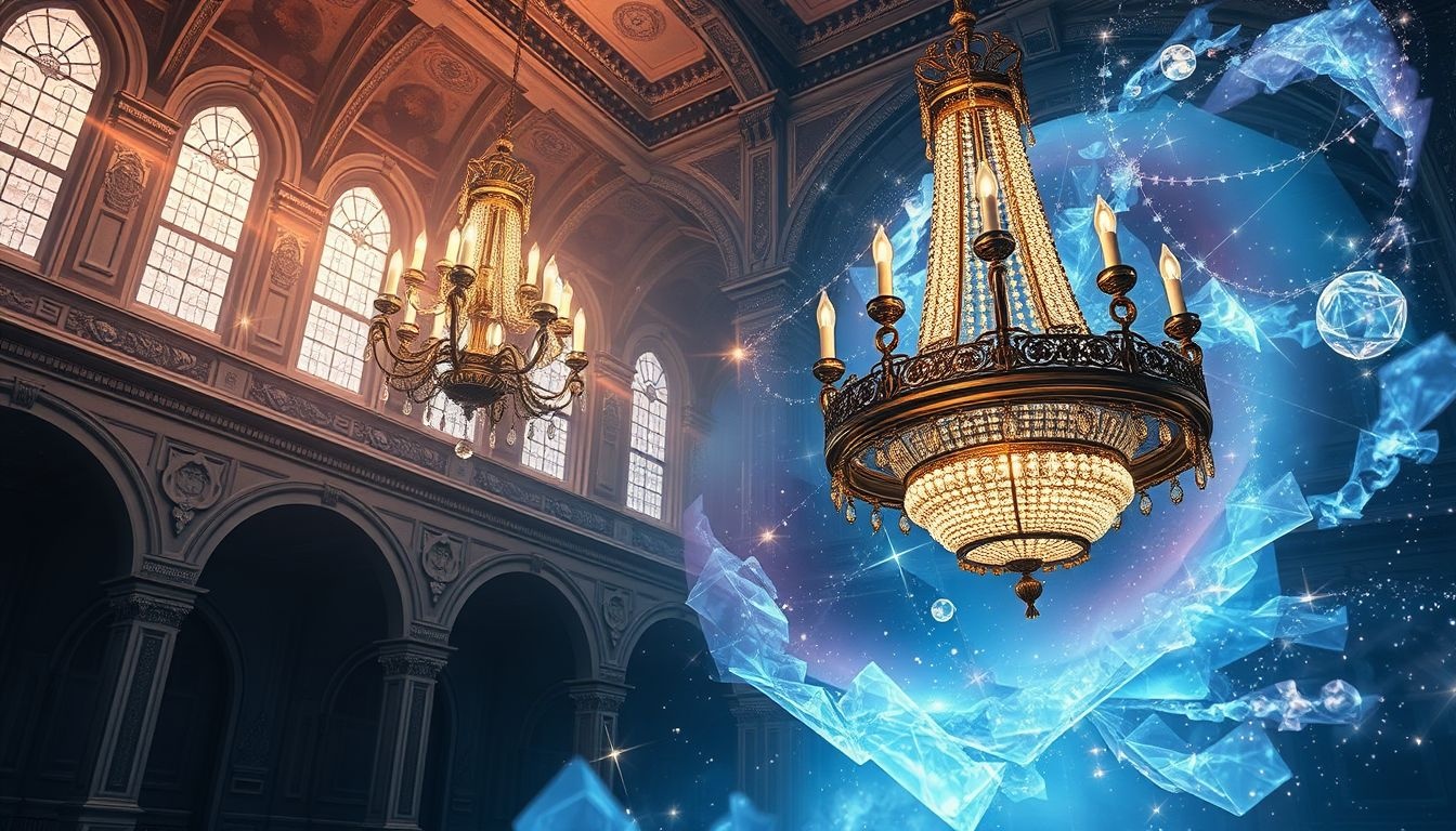 Een kroonluchter in een kasteel symboliseert koninklijke macht en elegantie.