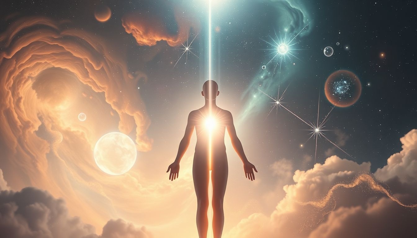 Een lichtstraal van een persoon symboliseert innerlijke kracht en begeleiding.