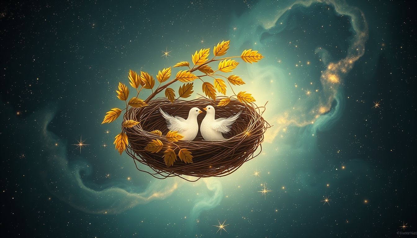 Een vogelnest van eikenbladeren symboliseert bescherming en nieuwe groei.