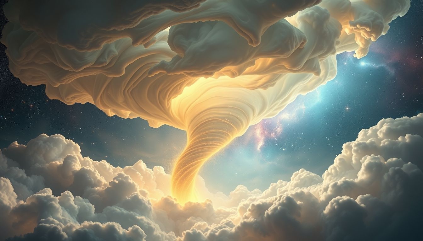 Een tornado uit wolken symboliseert onverwachte levensveranderingen en chaos.