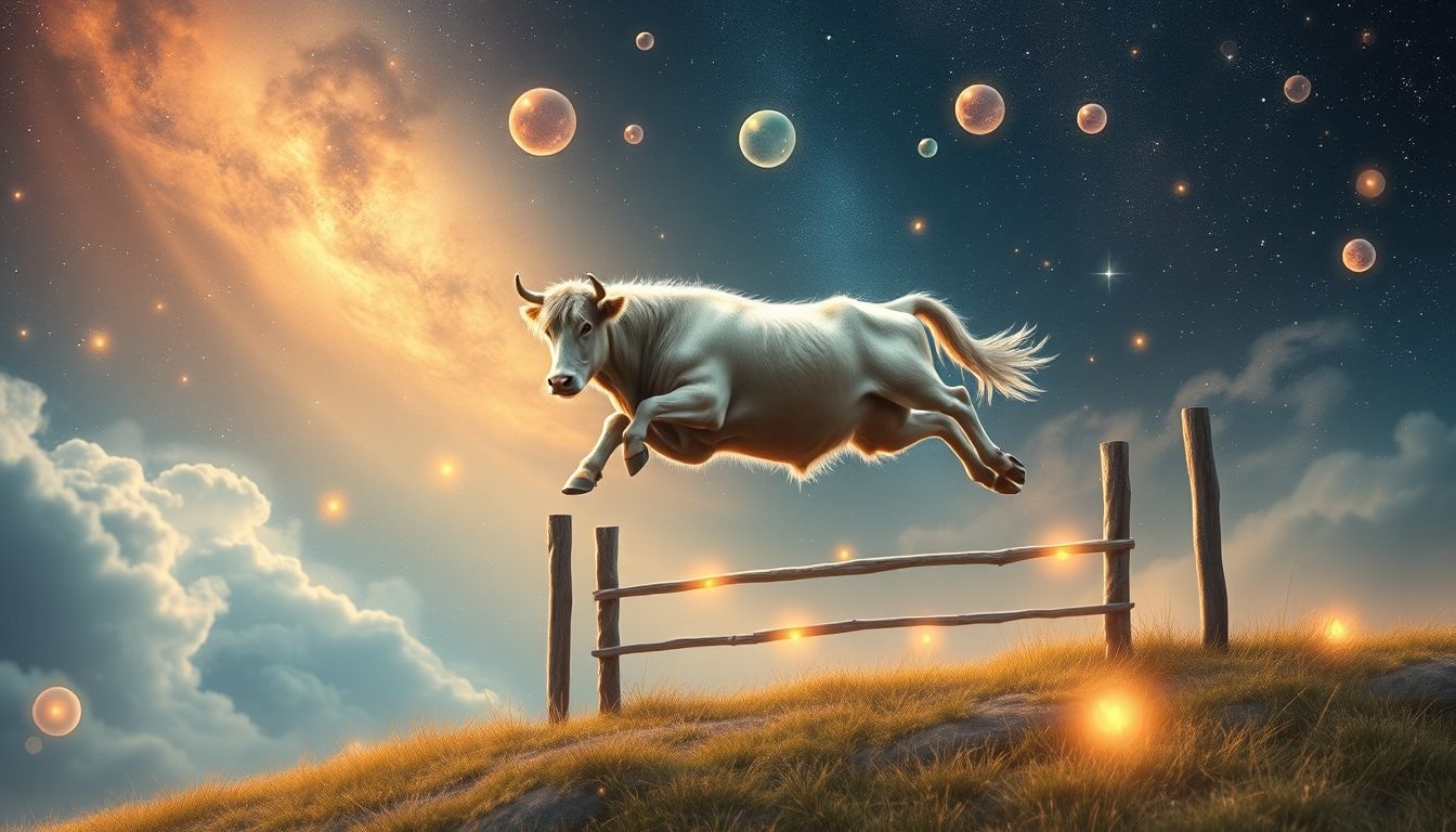 Een hooglander springt over een hek symboliseert onverwachte doorbraken.