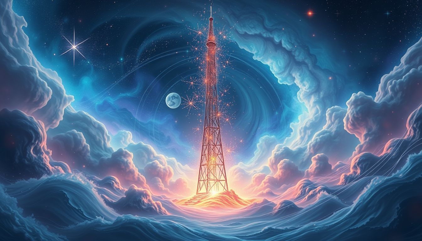 Een vonkende radiomast symboliseert communicatieproblemen en spanningen.