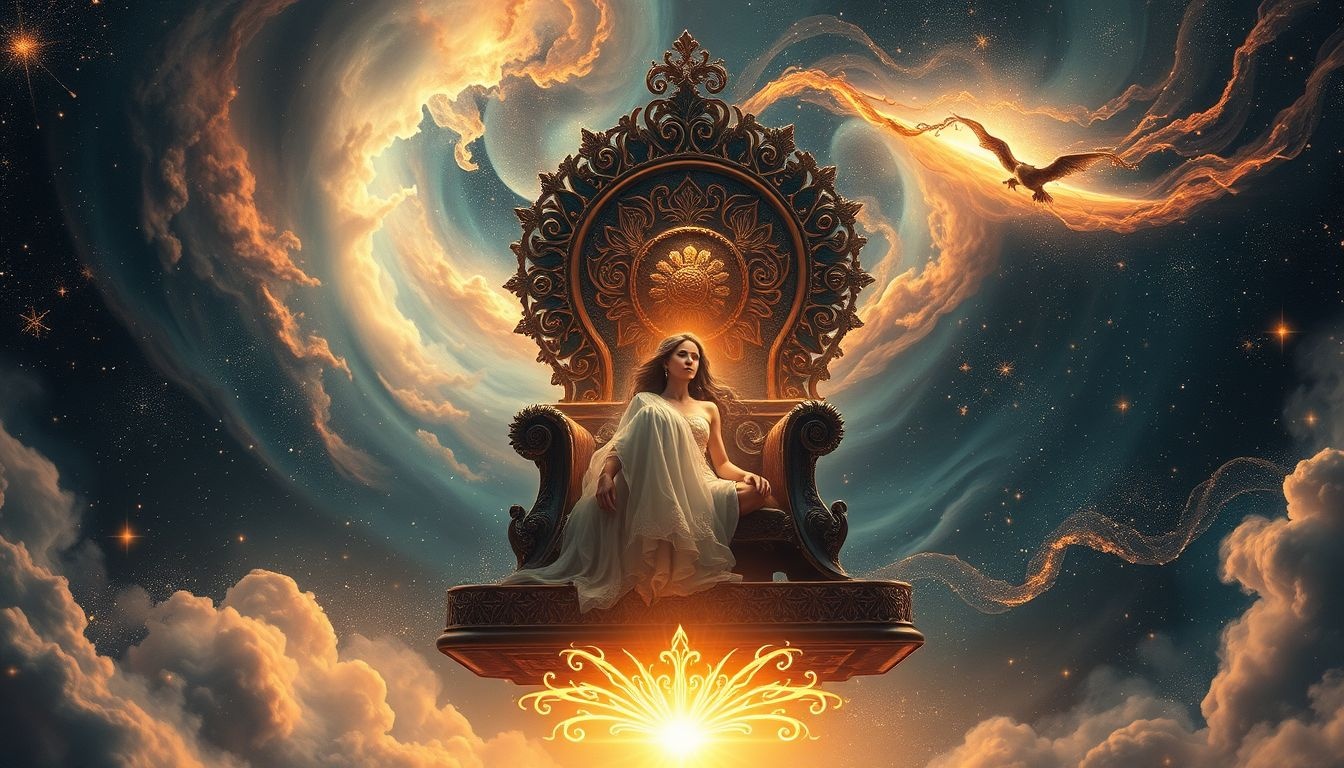 Hera op een troon symboliseert macht en beschermende vrouwelijke energie.