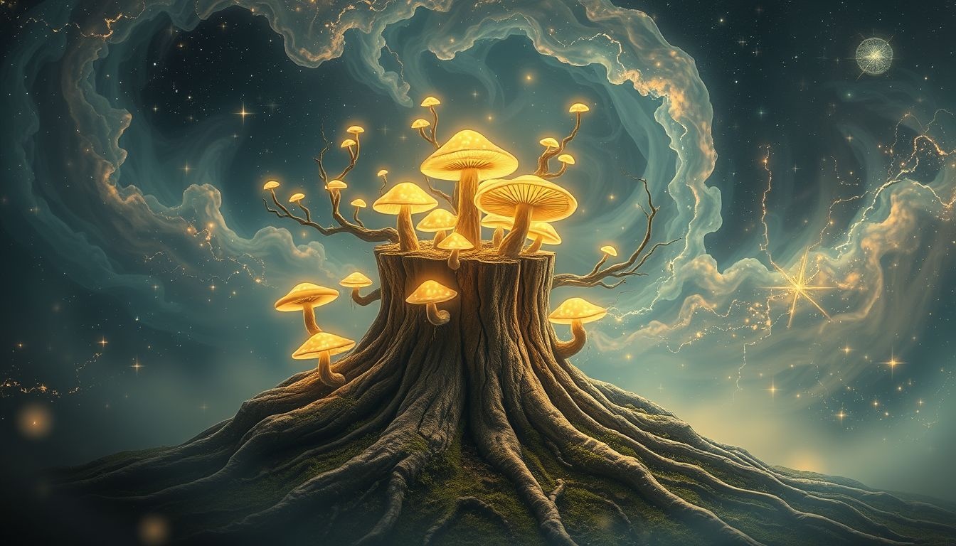 Dromen over paddenstoelen op boomstammen symboliseren groei en transformatie.