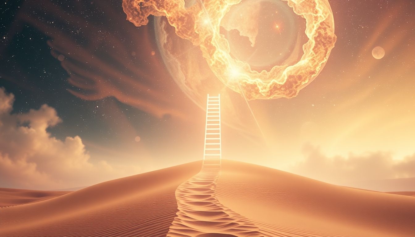 Een ladder naar de woestijnhemel symboliseert spirituele groei en vrijheid.