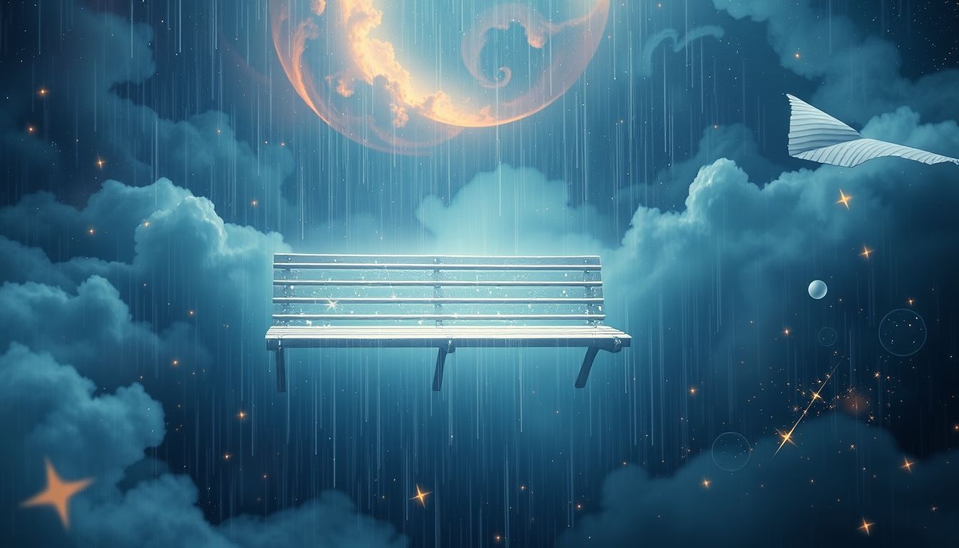 Dromen over een rustbank in de regen symboliseert emotionele zuivering.