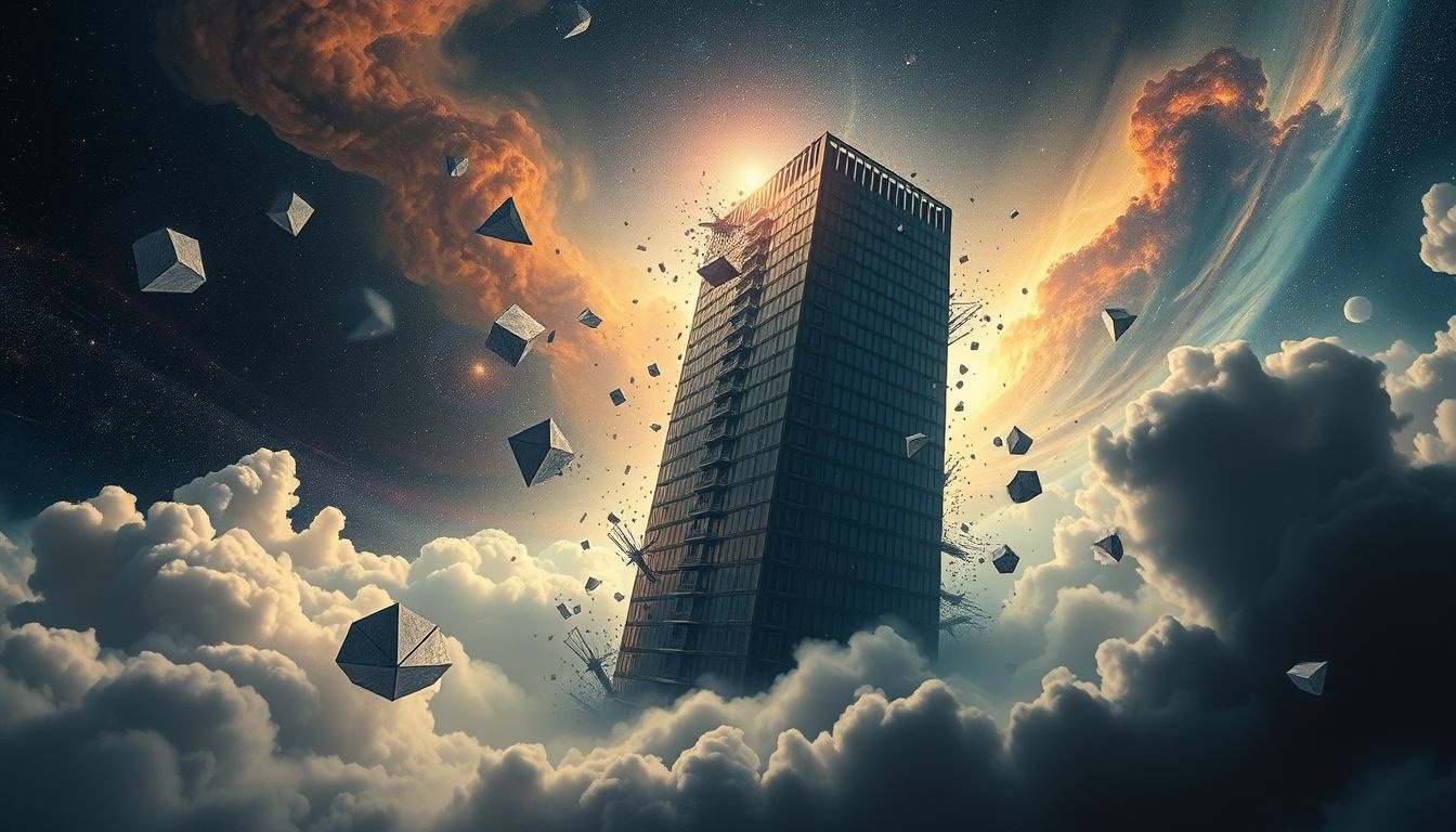 Een instortend kantoorgebouw symboliseert vaak verlies van controle.