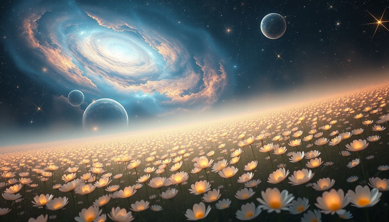 Een veld vol eeuwigdurende bloemen symboliseert eeuwige vreugde en vrede.
