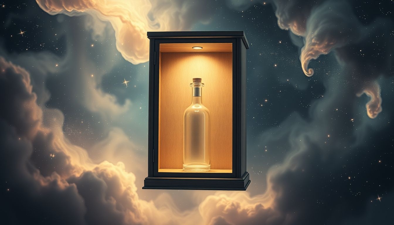 Een flesje in een kast symboliseert verborgen emoties en herinneringen.