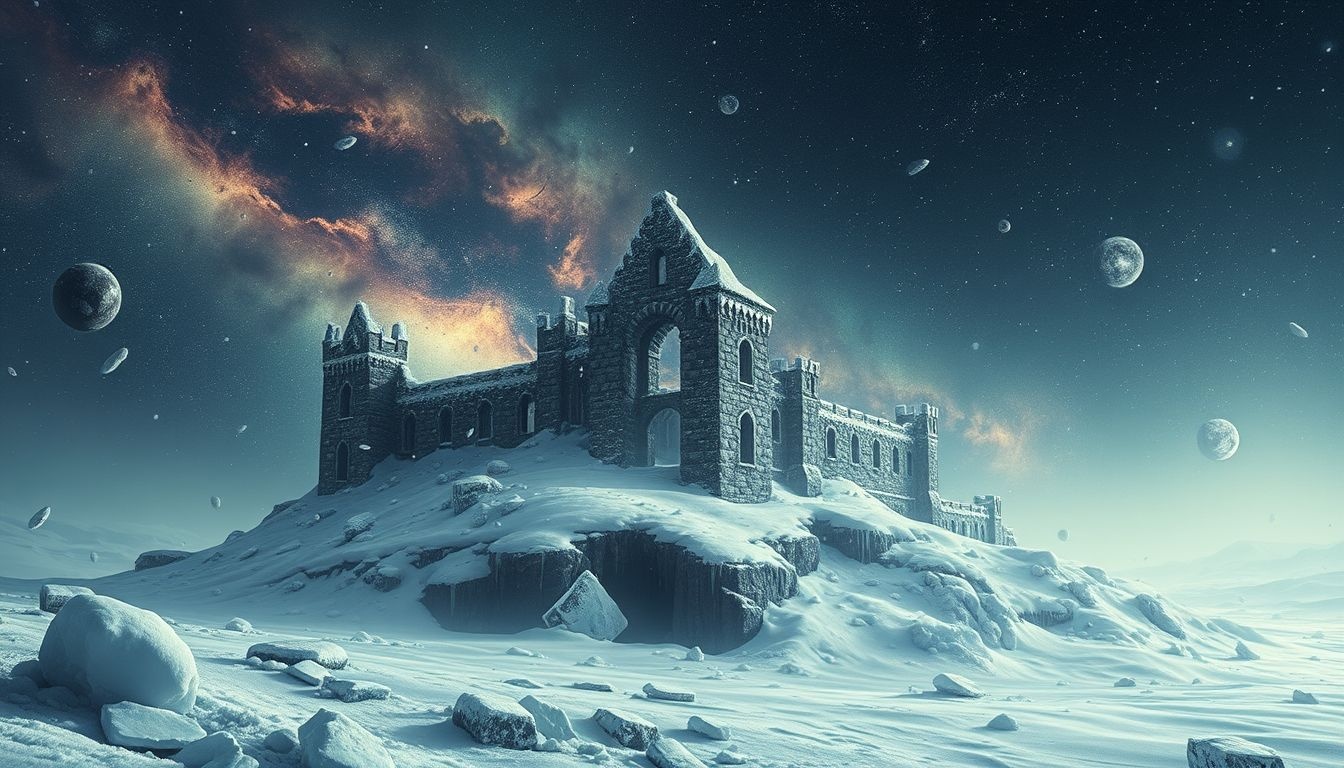 Een kasteelruïne in winter symboliseert verval en verborgen herinneringen.