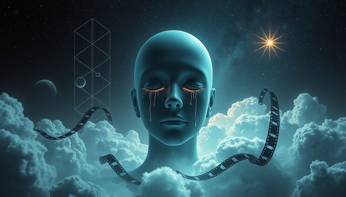 Huilende filmacteur in droom symboliseert emotionele kwetsbaarheid en loslaten.