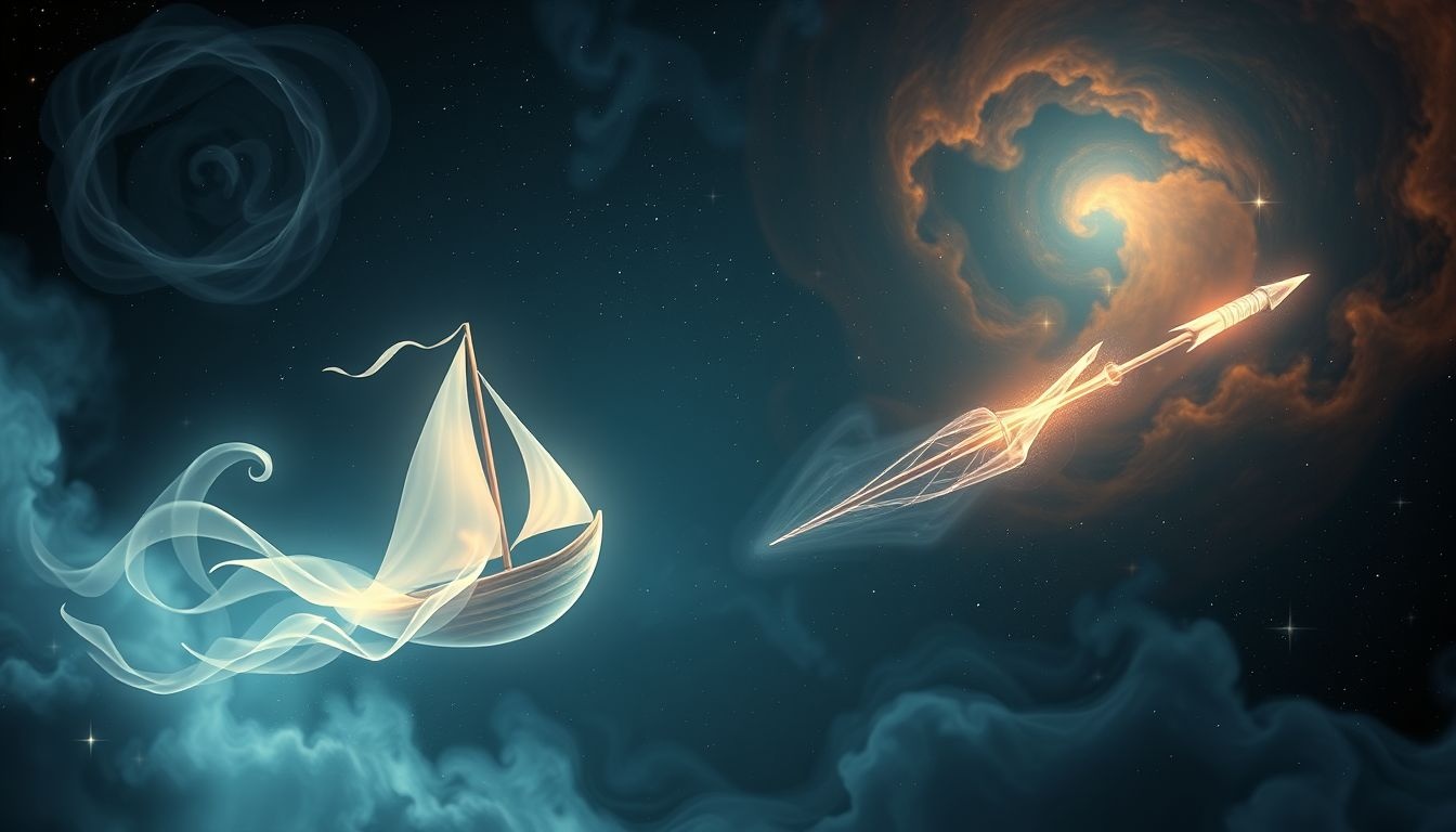 Dromen over harpoen en boot symboliseren avontuur en doelgerichtheid.