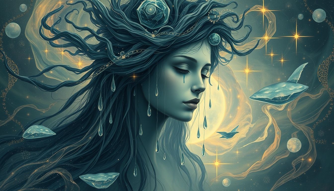 Een huilende regenkoning symboliseert vaak verdriet en verlossing.