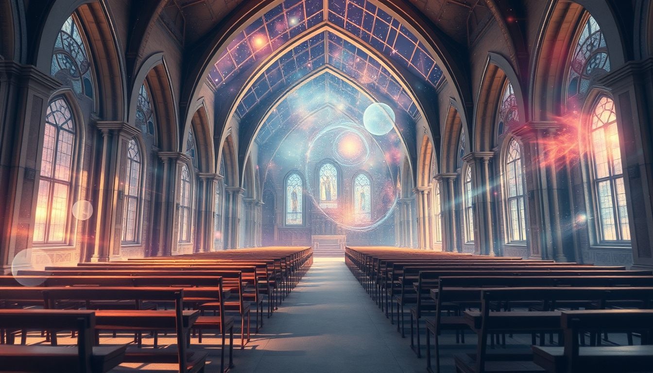 Een lege kerk symboliseert innerlijke leegte en spirituele zoektocht.