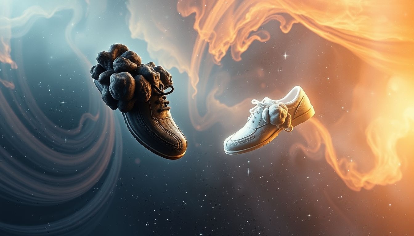 Eén zware schoen symboliseert onbalans in emoties of beslissingen.