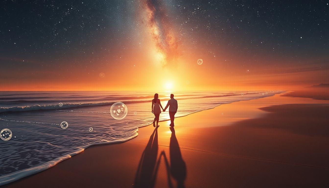 Een romantische strandwandeling bij eb symboliseert nieuwe emotionele verbindingen.