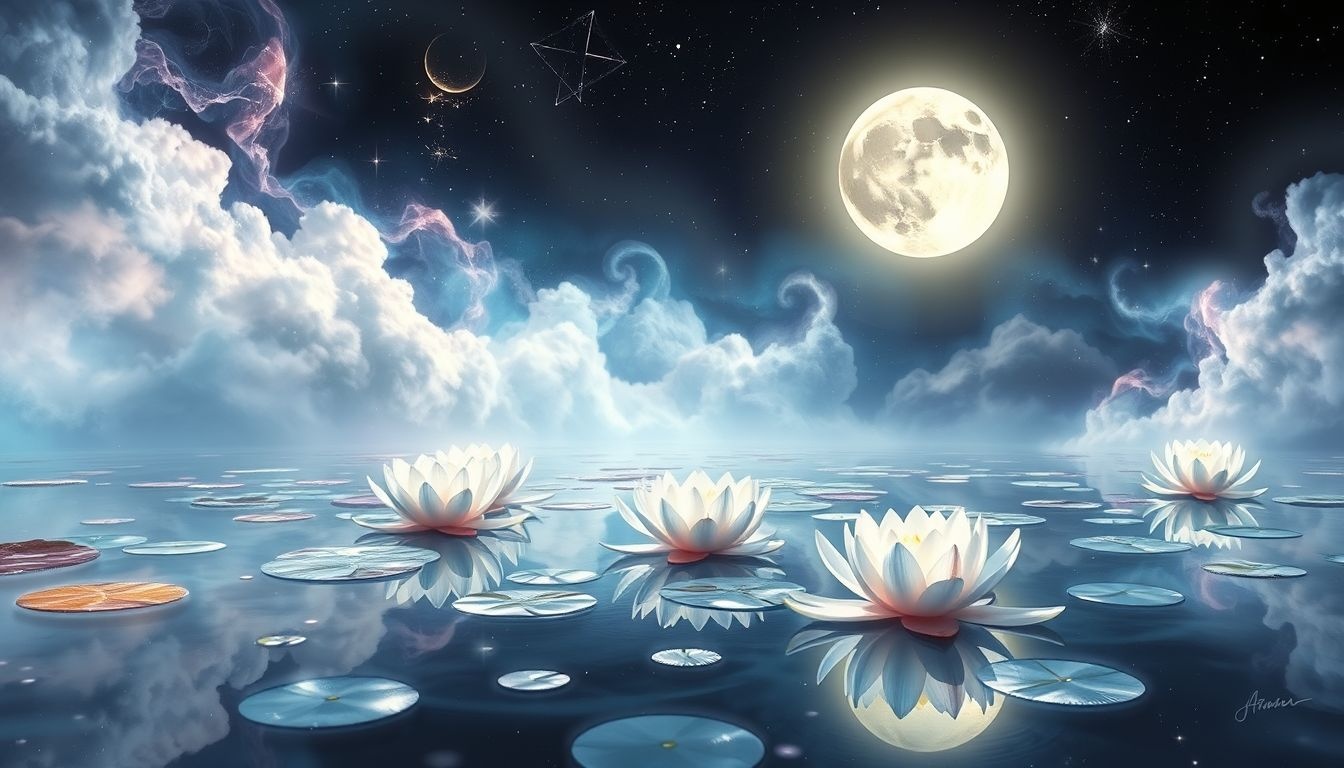 Waterlelies onder maanlicht symboliseren innerlijke rust en spirituele groei.
