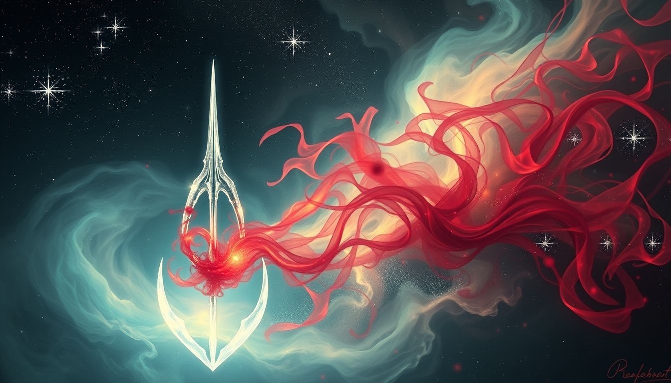 Een harpoen met bloed symboliseert vaak conflicten en emotionele wonden.