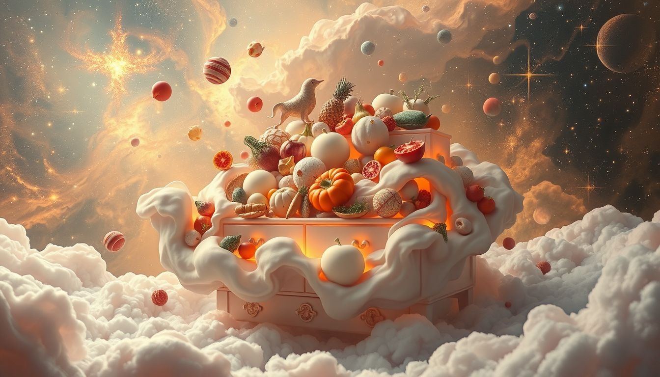 Een dressoir vol eten symboliseert overvloed en veiligheid in dromen.