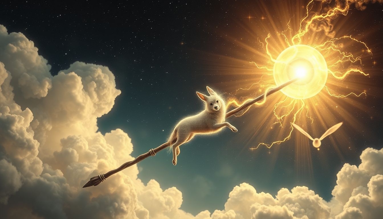 Een pelgrimsstaf en dier symboliseren spirituele begeleiding en kracht.