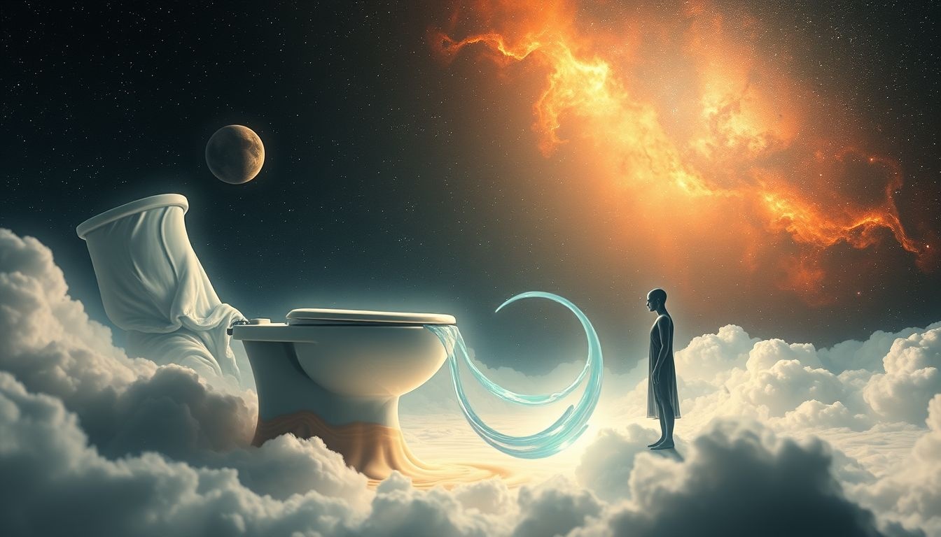 Een overstromend toilet symboliseert onderdrukte emoties die ontsnappen.