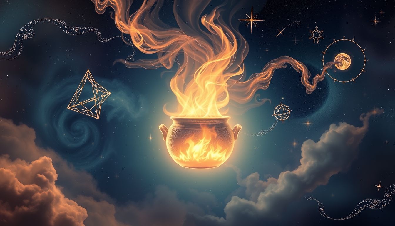Een grote brandende pot symboliseert intense transformatie en passie.