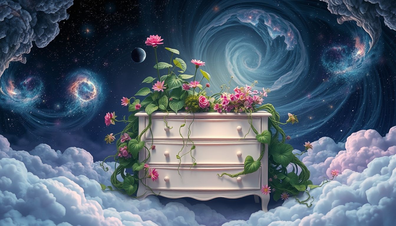 Een dressoir vol planten symboliseert groei en persoonlijke ontwikkeling.