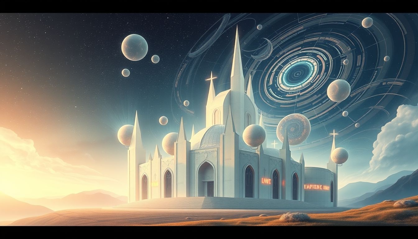 Een modern klooster symboliseert innerlijke rust en hedendaagse spiritualiteit.