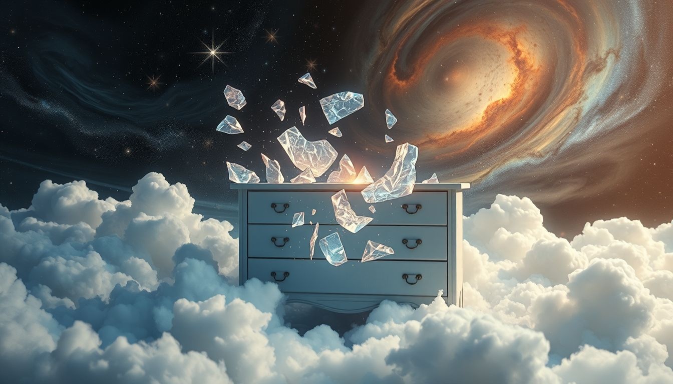 Een kapot dressoir symboliseert gebroken herinneringen en verborgen zorgen.