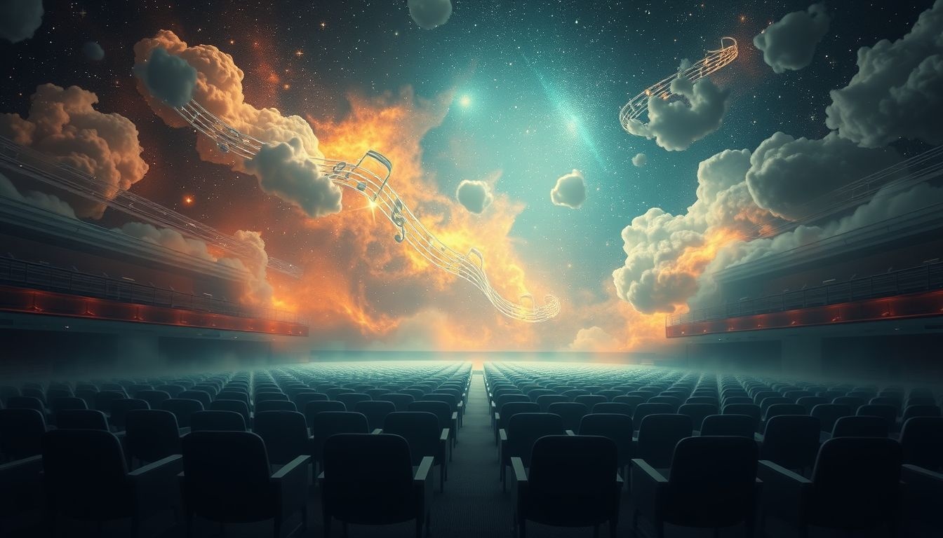 Een verlaten concertzaal symboliseert gemiste kansen en innerlijke leegte.