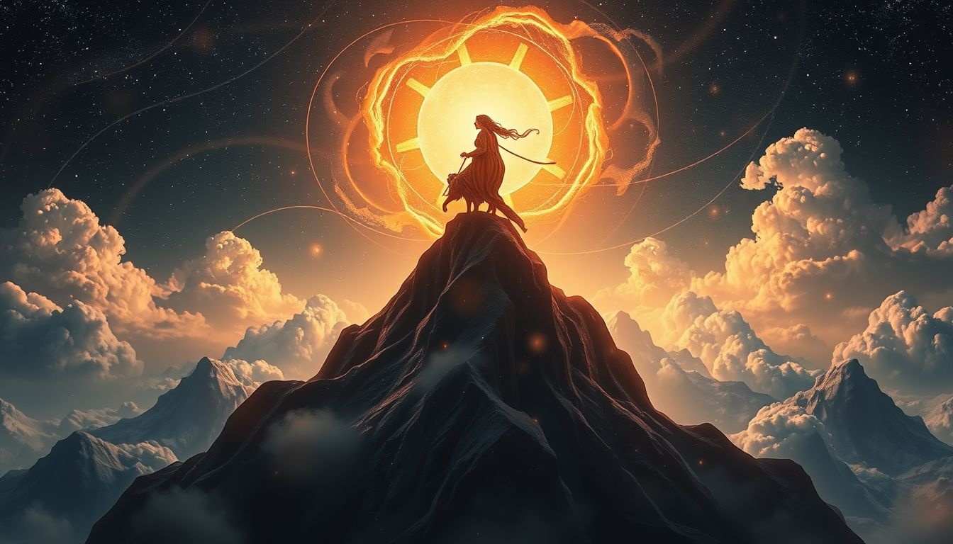 Een karrenbestuurder op een bergtop symboliseert overwonnen obstakels.