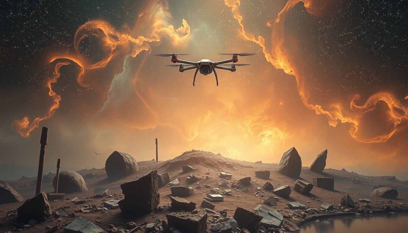 Droom 7: Drone symboliseert controleverlies en dreiging in oorlogszone.