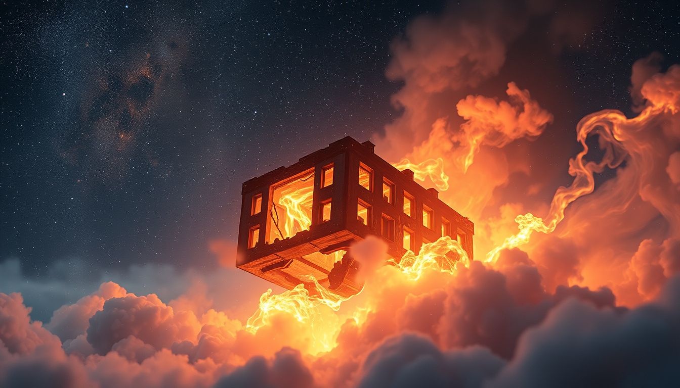 Een brandend instortend gebouw symboliseert intense innerlijke transformatie.