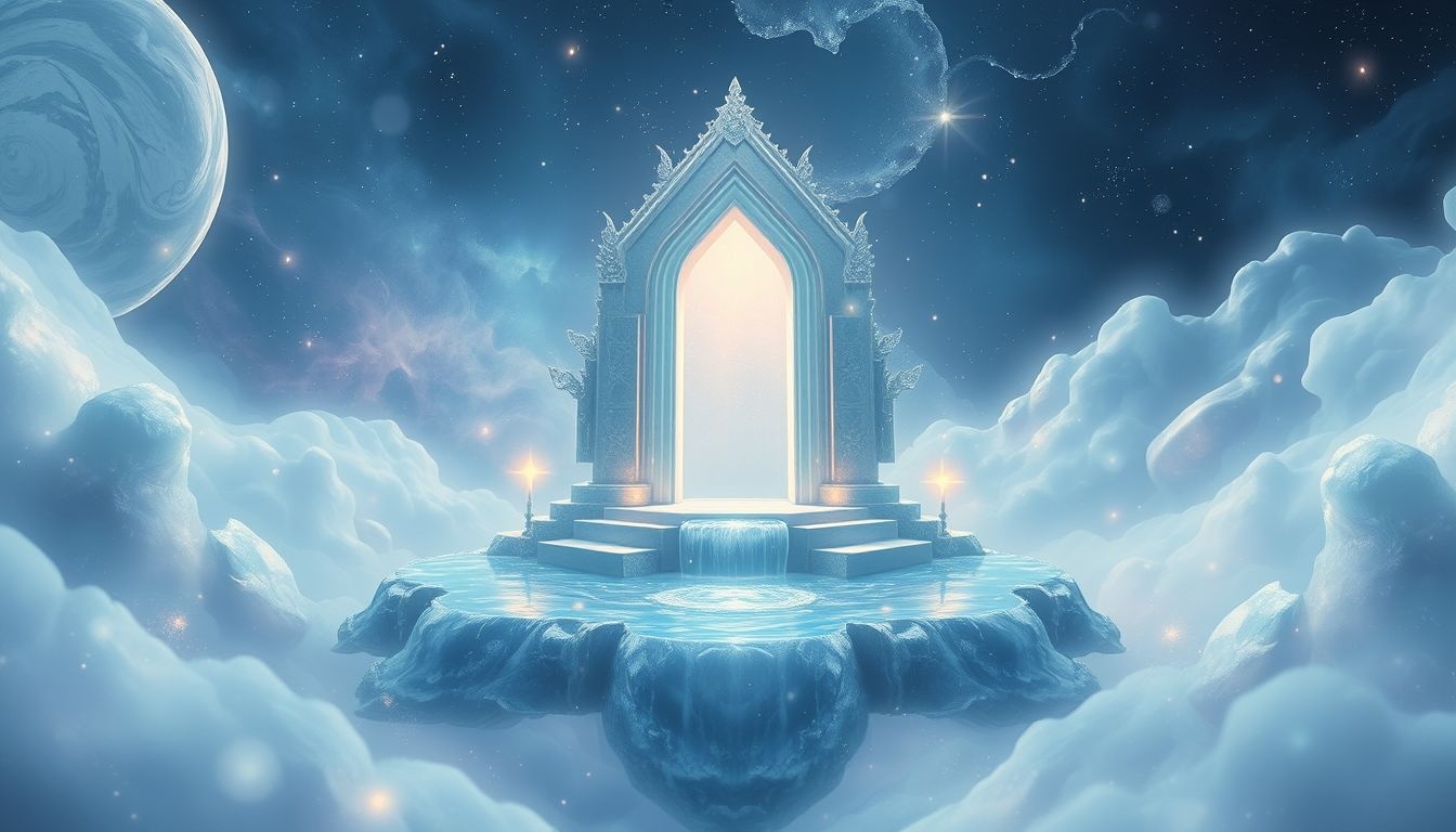 Een heilige bron in een tempel symboliseert spirituele zuivering en diep inzicht.