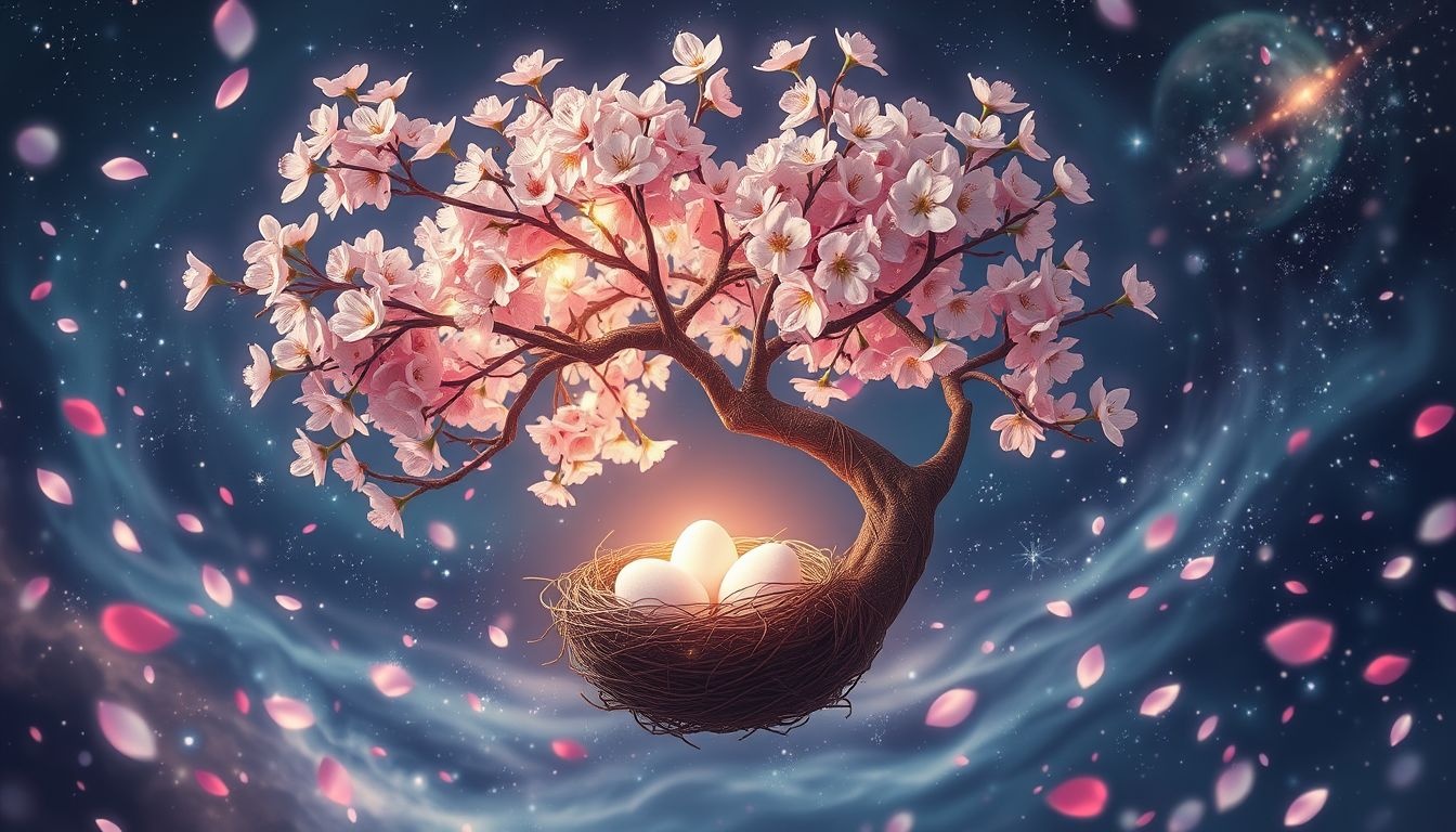 Een nest in een kersenboom symboliseert nieuw leven en hoop.