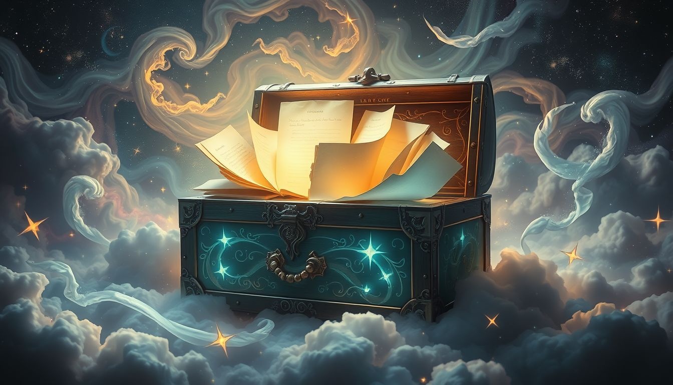 Een chiffonier vol documenten symboliseert verborgen herinneringen en geheimen.