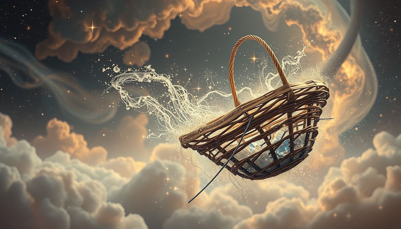 Een kapot mandje symboliseert vaak verloren hoop of kwetsbaarheid.