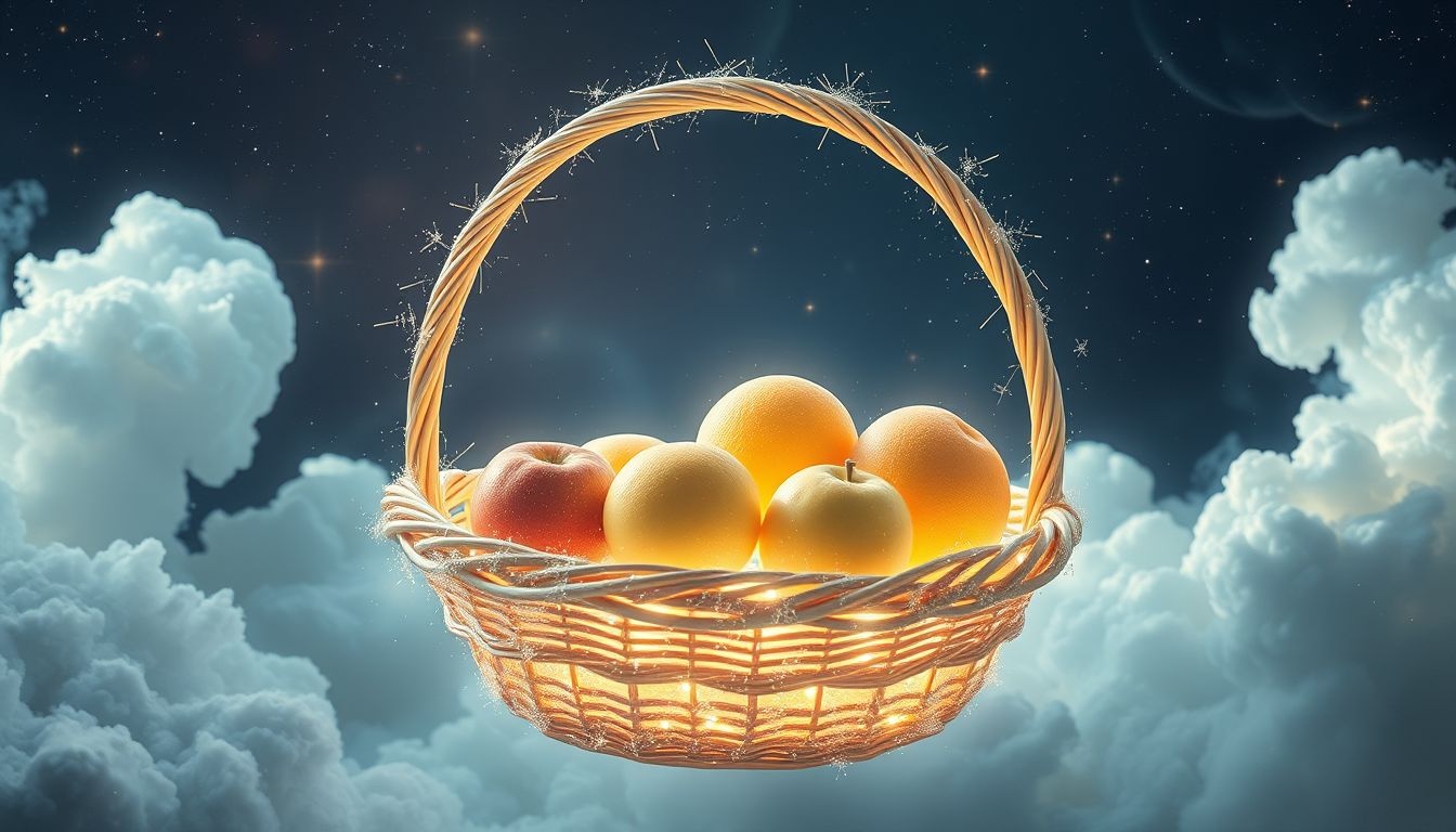 Een mandje met fruit symboliseert overvloed en succesvolle nieuwe kansen.