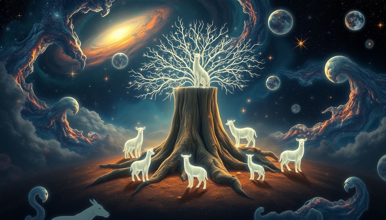 Een stronk omringd door dieren symboliseert innerlijke kracht en verbondenheid.