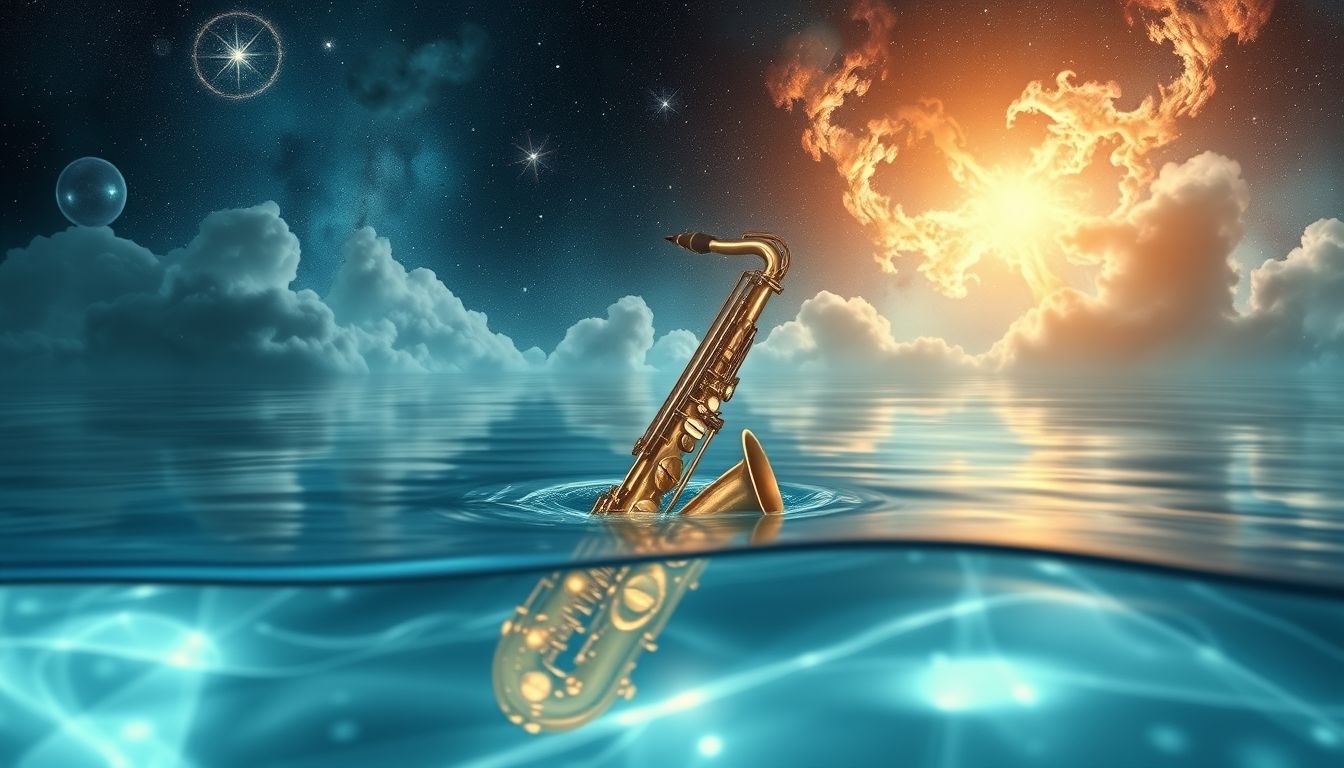 Dromen over een saxofoon in water symboliseert emotionele reiniging en expressie.