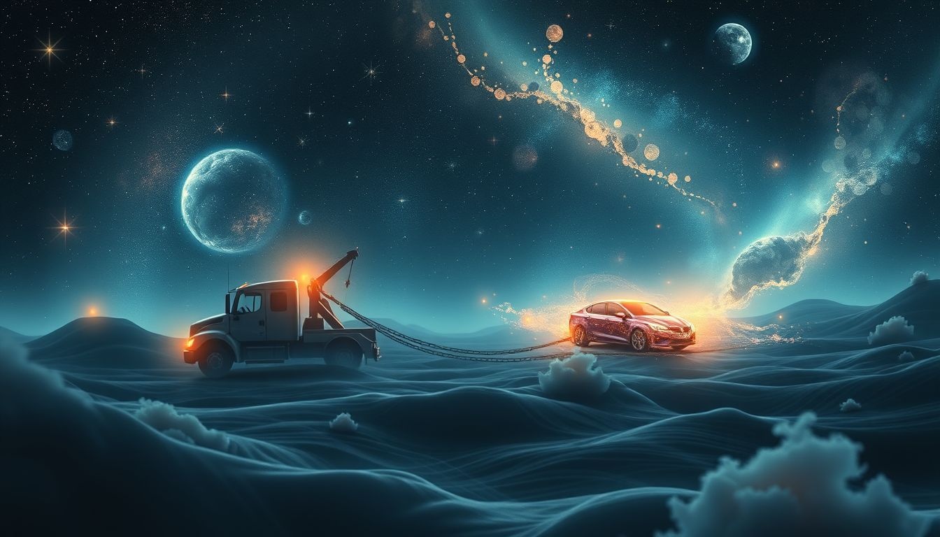 Een sleepwagen in het donker symboliseert hulp bij moeilijke situaties.
