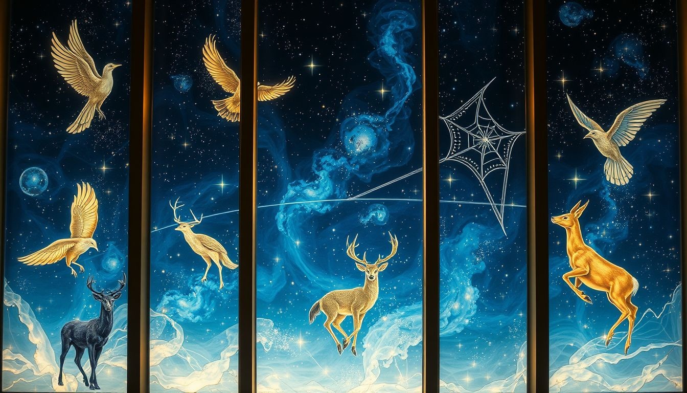 Dromen over gebrandschilderd glas met dieren symboliseert innerlijke kracht.
