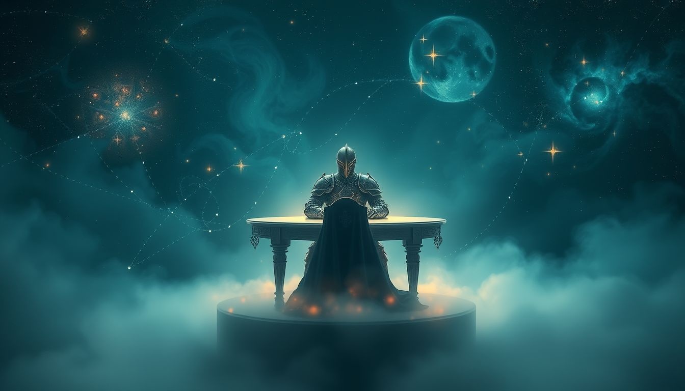 Een ridder aan een ronde tafel symboliseert eer en rechtvaardigheid.