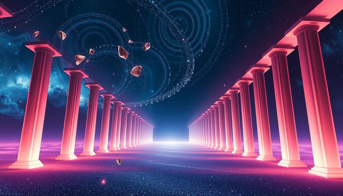 Een kolonnade tot de horizon symboliseert oneindige mogelijkheden en stabiliteit.
