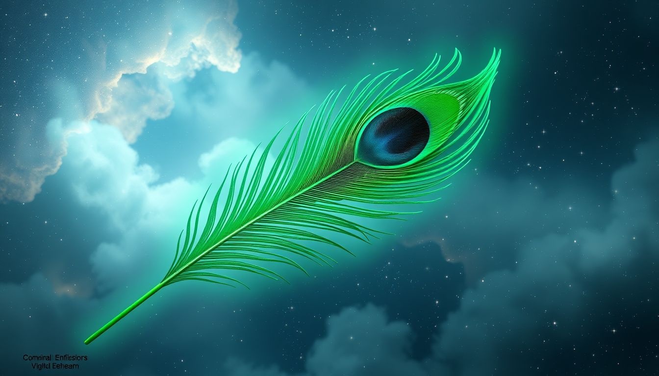 Een groene pauwenveer symboliseert groei en spirituele transformatie.