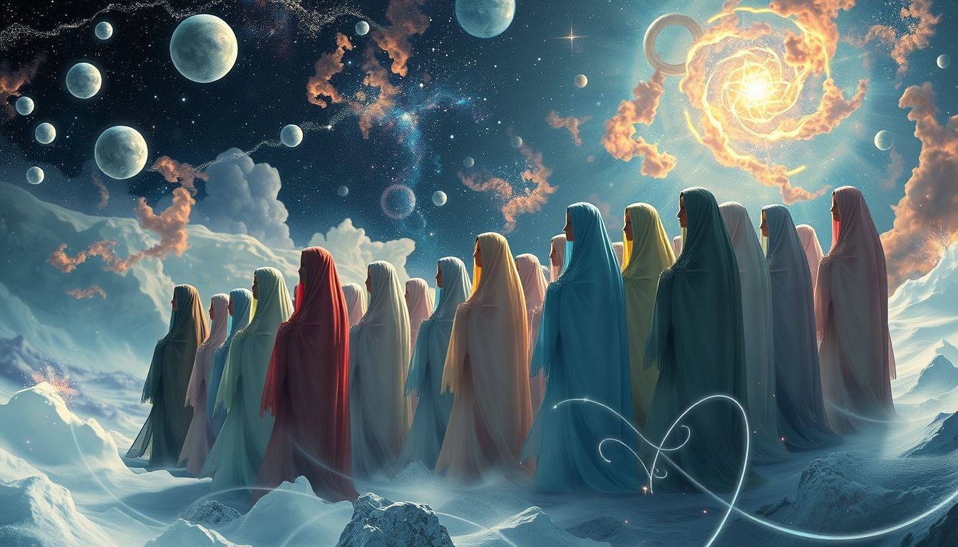 Een pelgrimskoor in ongebruikelijke kledij symboliseert innerlijke transformatie.